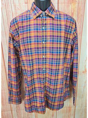 Robert Graham X Mens Tailored Fit Orange Plaid Shirt Large